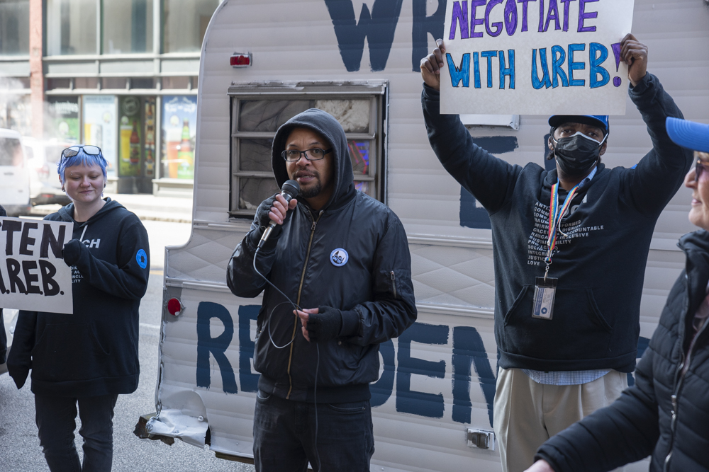 Josiah QuarlesDirector of Organizing and Advocacy at NEOCH speaks at the United Residents of Euclid Beach rally in downtown Cleveland on March 28th, 2023
